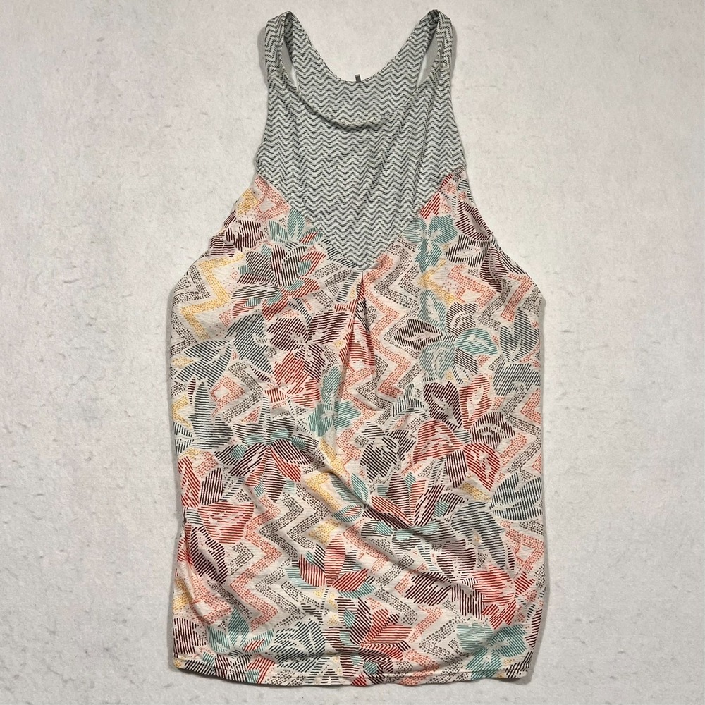prAna Tank‎ Top Cream Horchata Printed High Neck Split Back Valentina Women's S